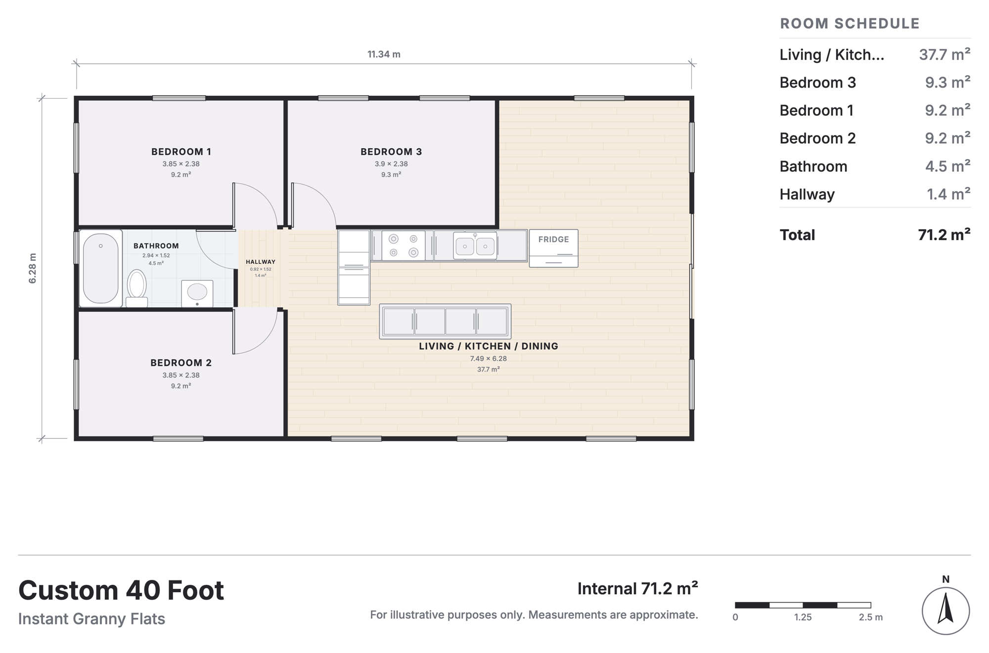 Custom 40 Foot floorplan &mdash; three bedrooms, bathroom and open-plan living, kitchen and dining